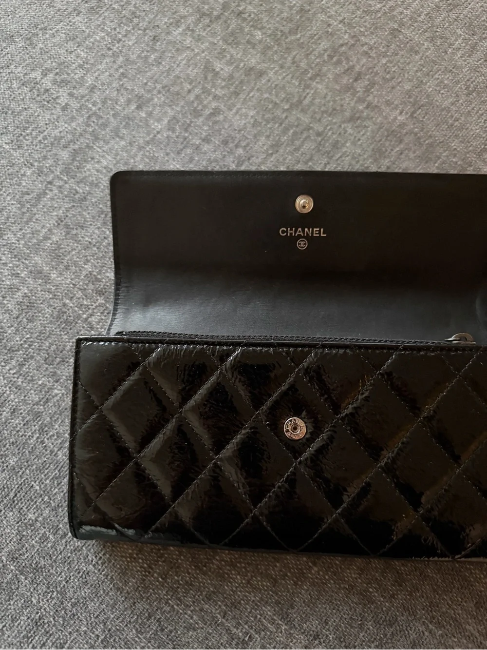 CHANEL Black Quilted Patent Leather Wallet with Silver CC Hardware